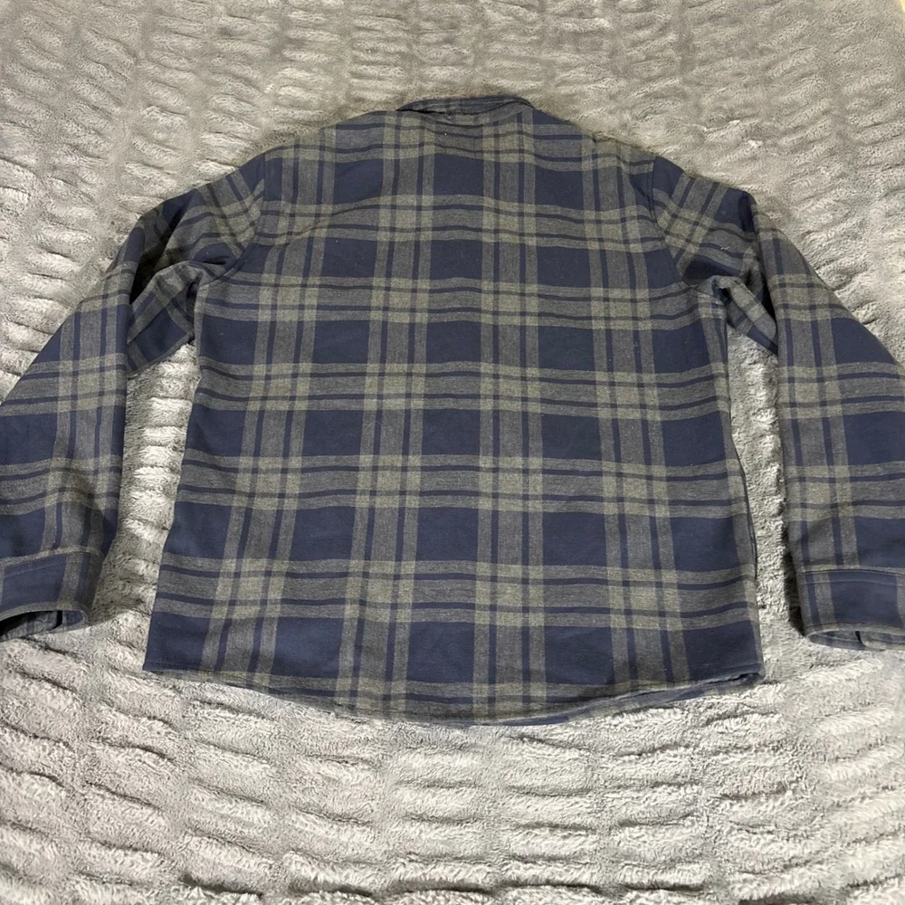 Vuori Mens Plaid Fleece Lined Flannel Shirt Jacket Navy Blue Grey V246 Large